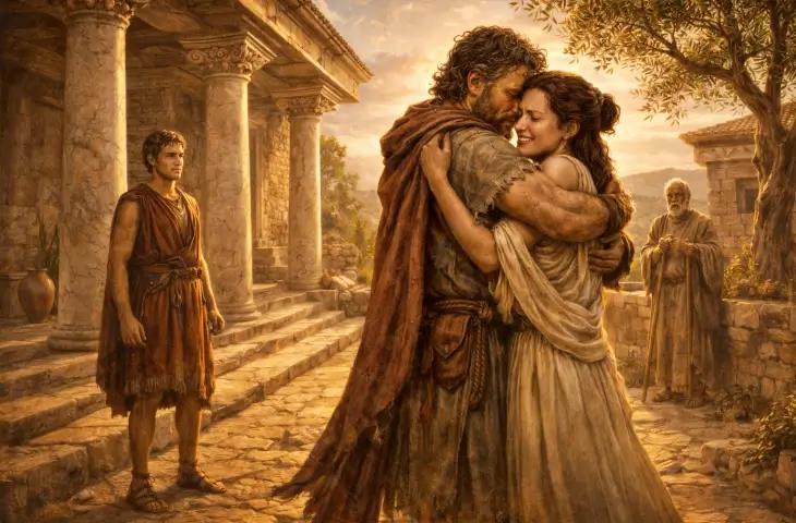 Uzun yıllar süren yolculuğun ardından Odysseus’un İthaka’da eşi Penelope ve ailesiyle yeniden kavuşmasını betimleyen duygusal mitolojik sahne.